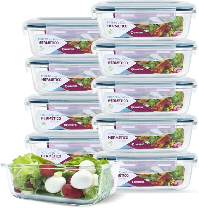 Kit 10 Potes de Vidro Herméticos 370ml – Vedação Total