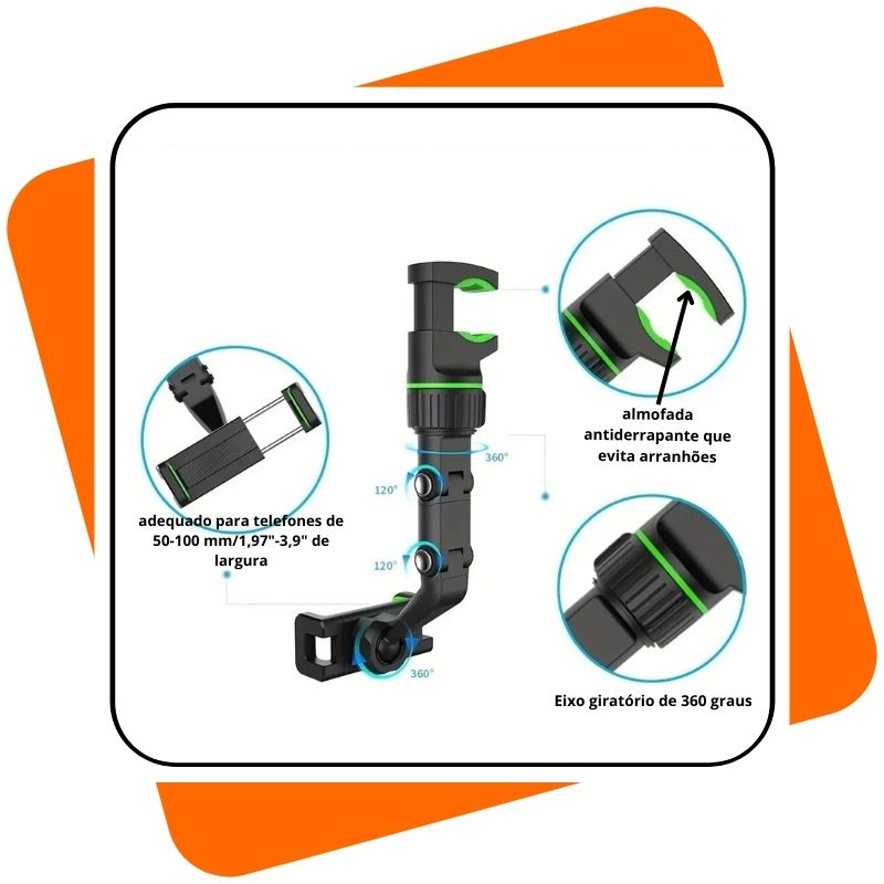 Suporte de Celular para Retrovisor | 360° Giratório, Retrátil e Multifuncional