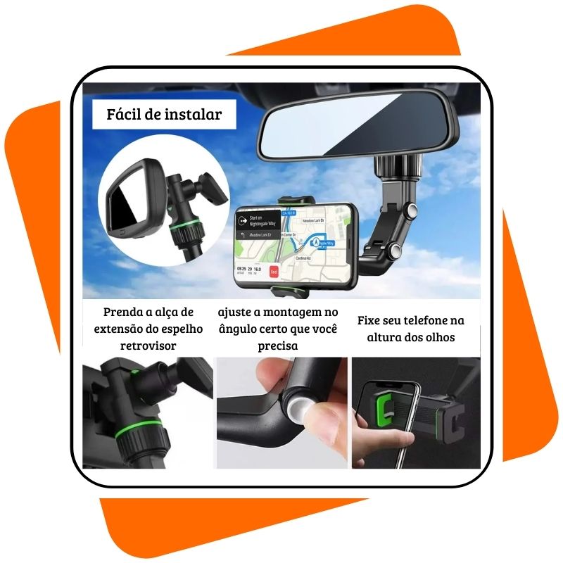 Suporte de Celular para Retrovisor | 360° Giratório, Retrátil e Multifuncional